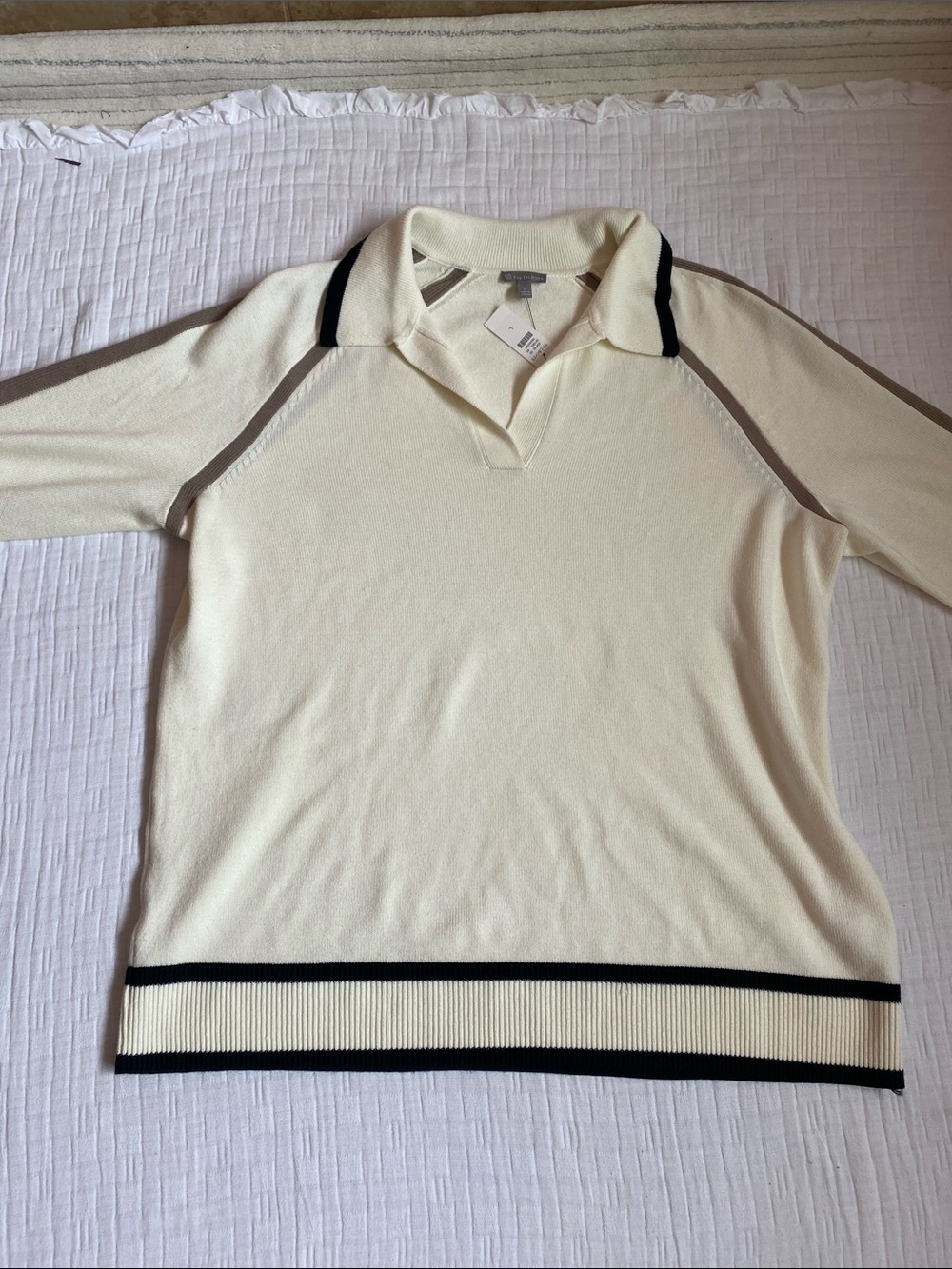TALBOTS Cream V-Neck Polo Sweater with Black AND Brown Trim